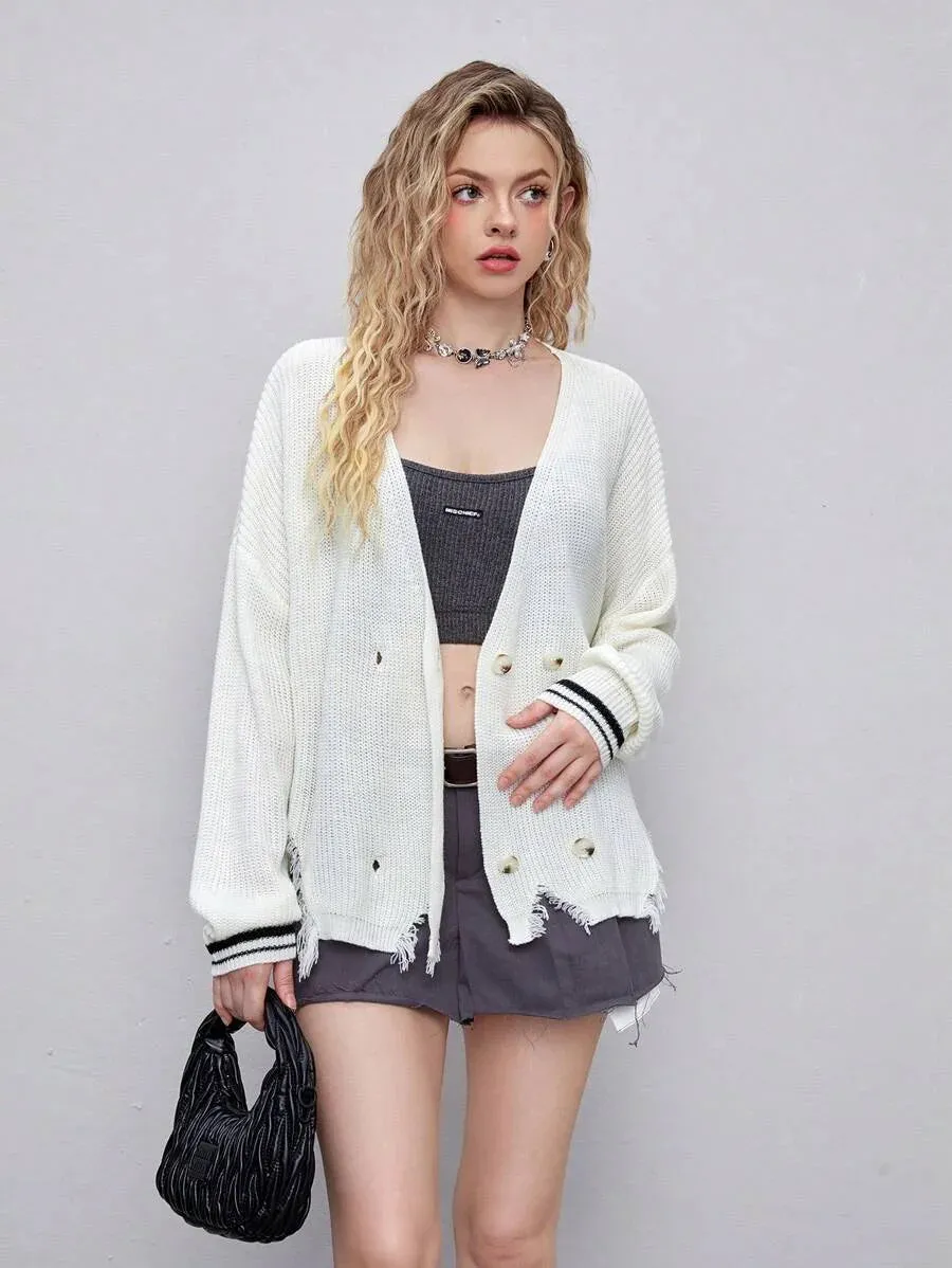 Tecla Ripped Hem Double Breasted Knit Cardigan in Beige
