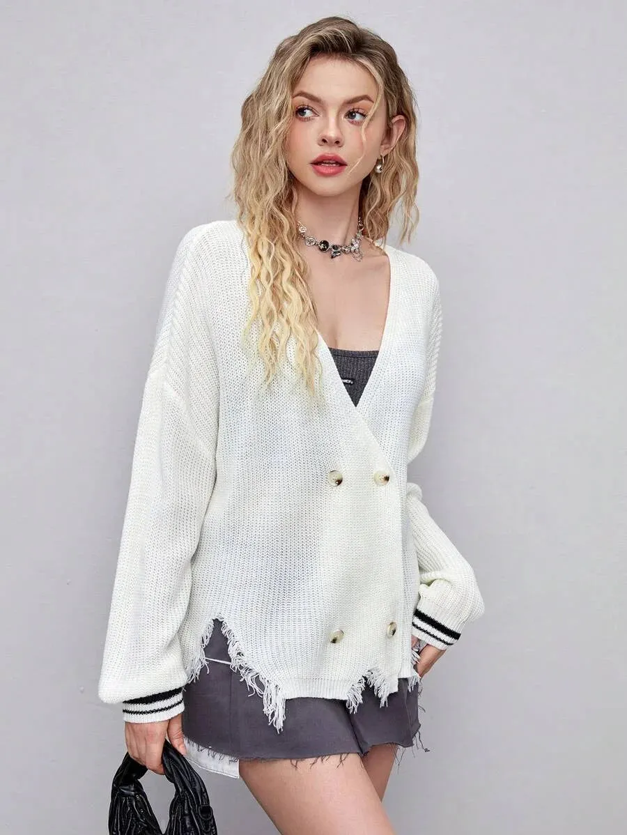 Tecla Ripped Hem Double Breasted Knit Cardigan in Beige