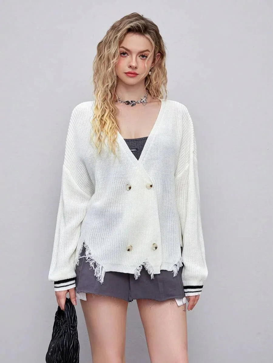 Tecla Ripped Hem Double Breasted Knit Cardigan in Beige
