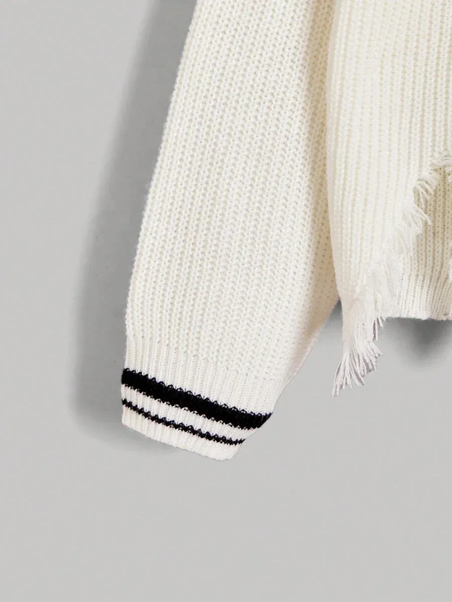 Tecla Ripped Hem Double Breasted Knit Cardigan in Beige