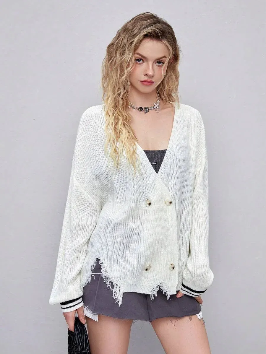 Tecla Ripped Hem Double Breasted Knit Cardigan in Beige
