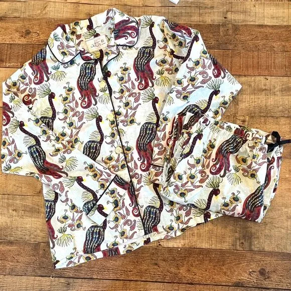 The Cat's Pajamas Peacock Tropicale 2 Piece Luxe Pima Cotton Button Front XL