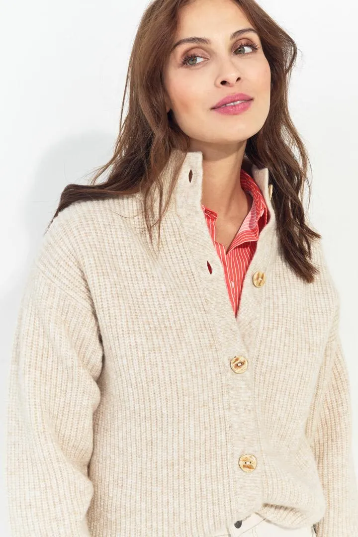 TIANA - Cardigan beige tricot à col montant