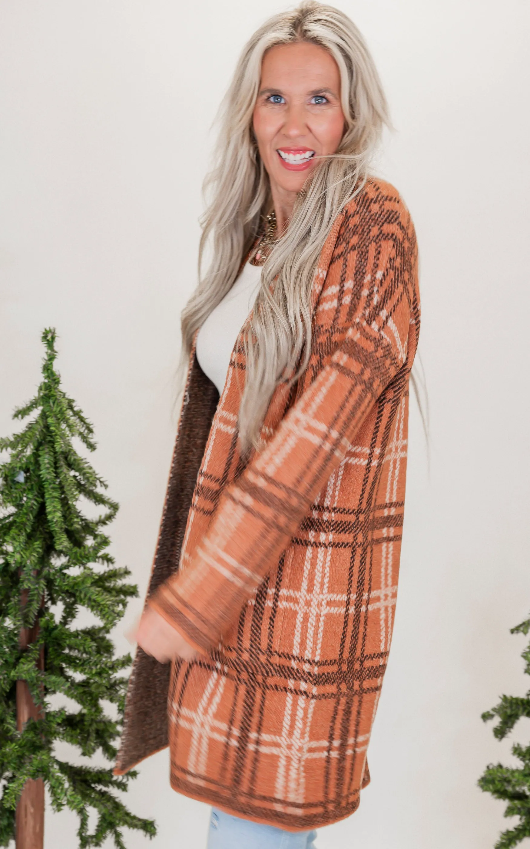 Toffee Jacquard Check Open Front Cardigan - Final Sale