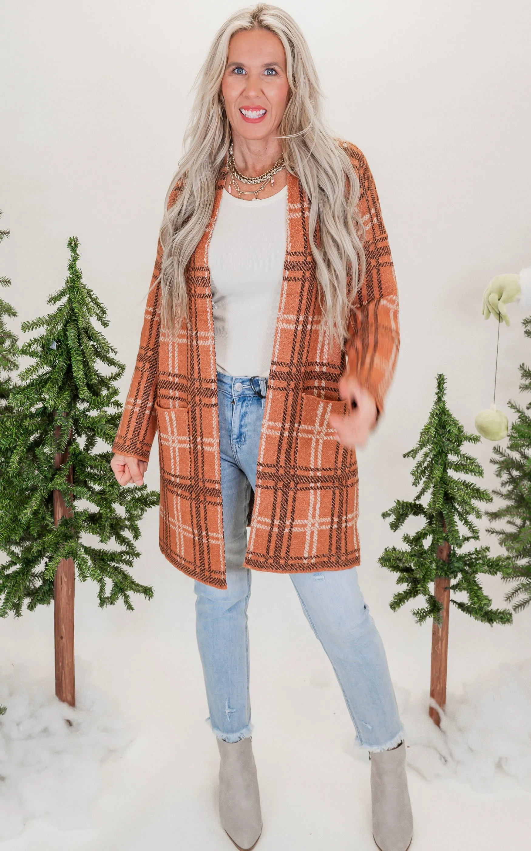 Toffee Jacquard Check Open Front Cardigan - Final Sale