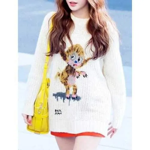 Trendy Long Sleeve Round Neck Animal Pattern Sweater For Women - White One Size(fit Size Xs To M)