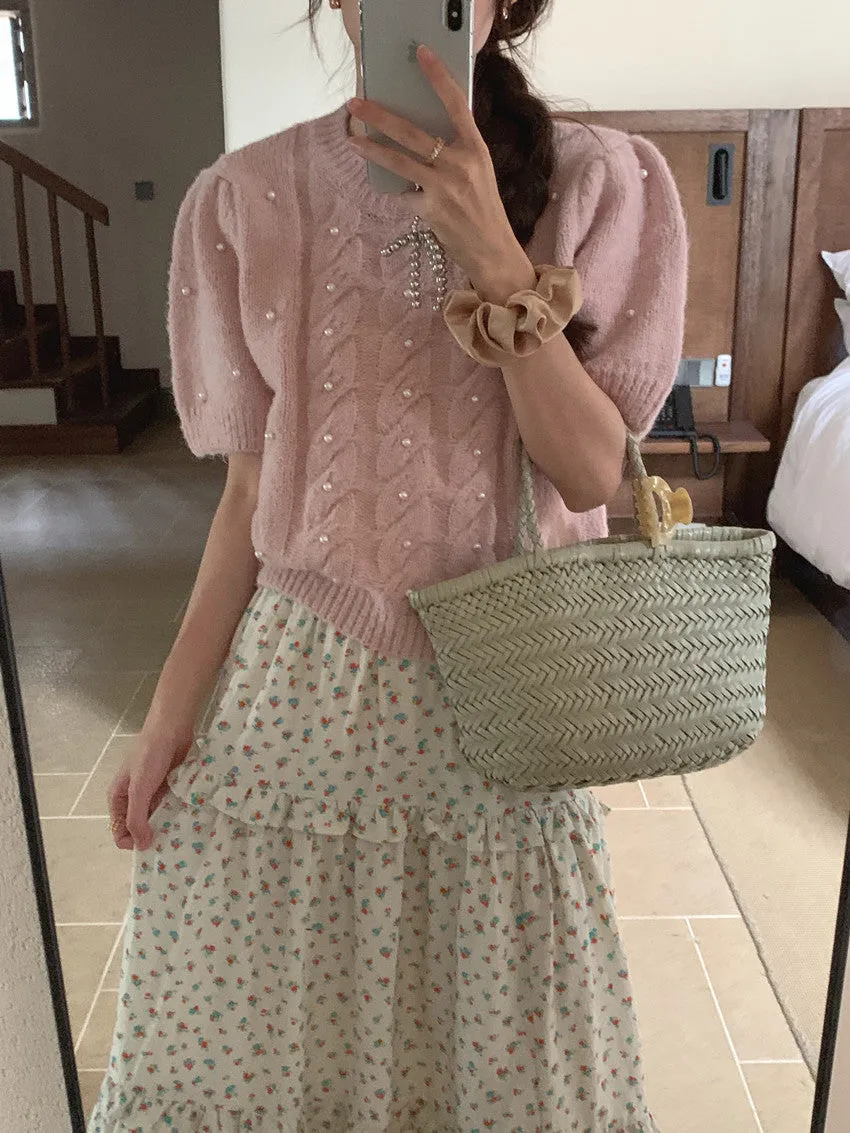 Twist beaded short-sleeved sweater