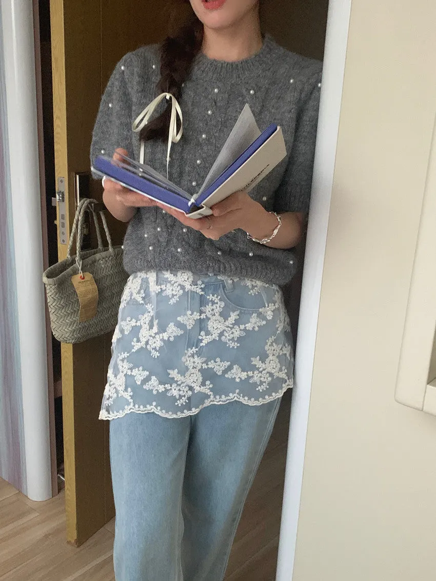 Twist beaded short-sleeved sweater