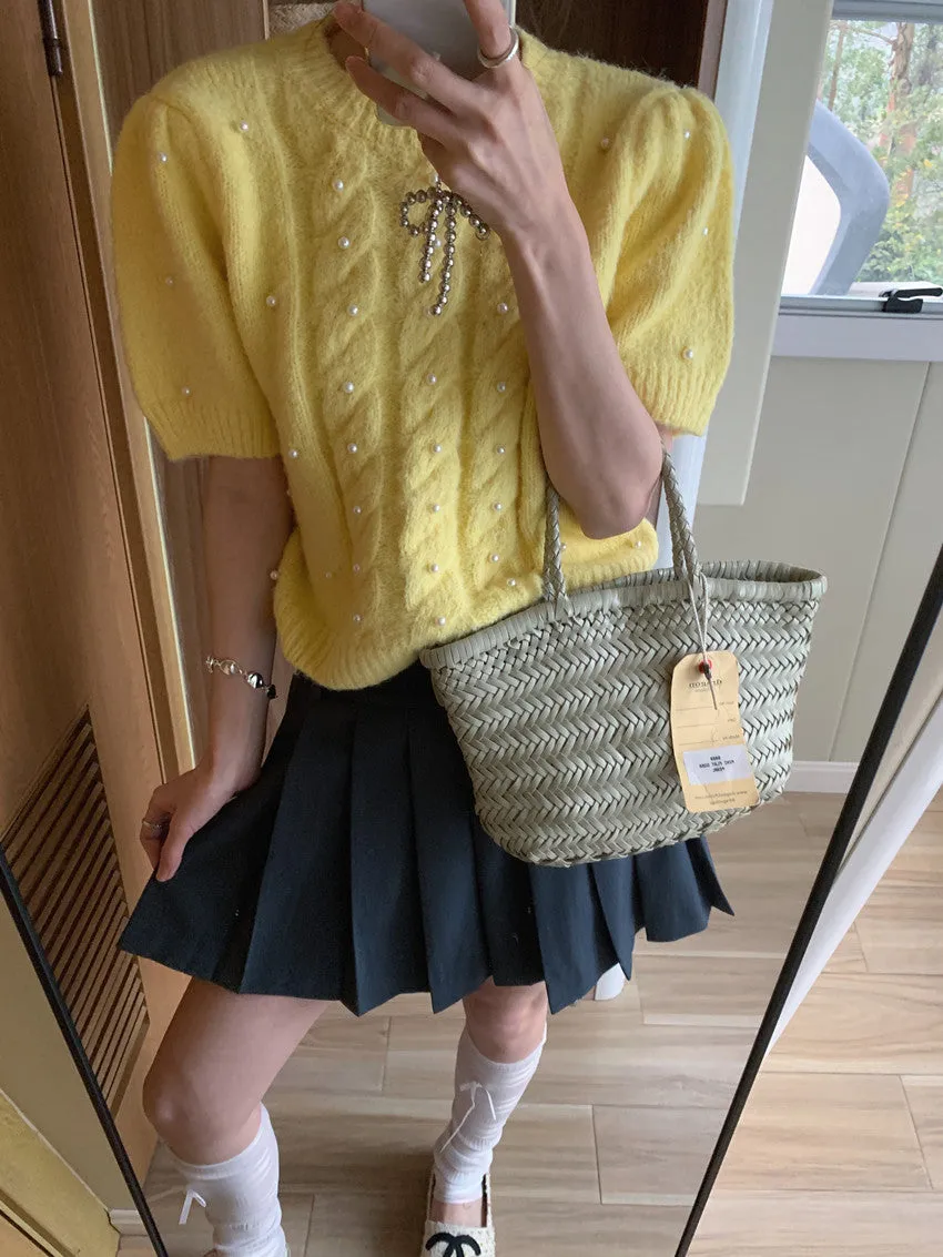 Twist beaded short-sleeved sweater