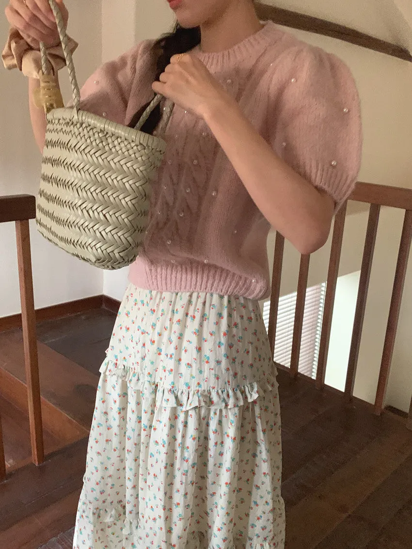 Twist beaded short-sleeved sweater
