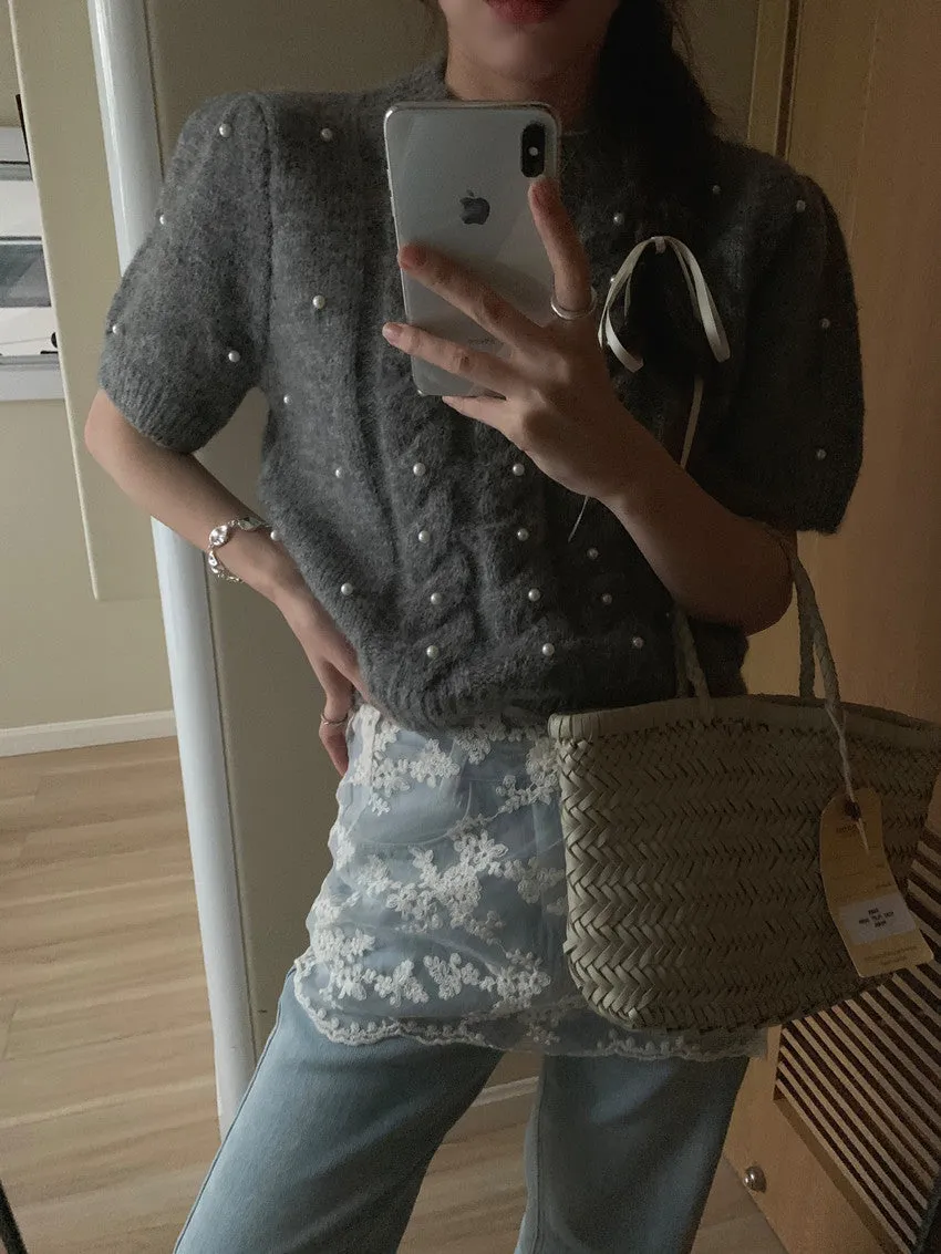 Twist beaded short-sleeved sweater