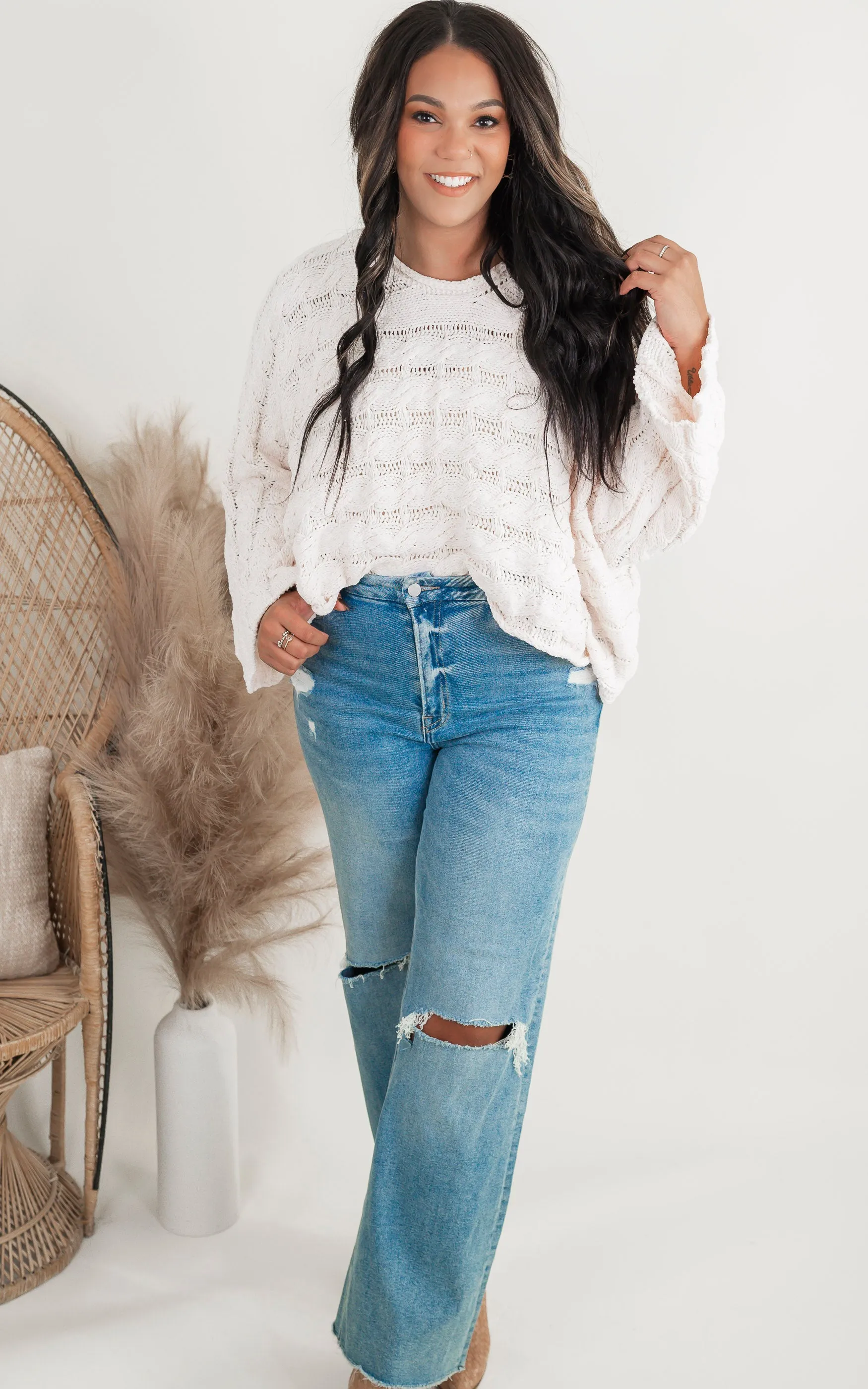 Twisted Cream Cable Oversized Sweater | POL - Final Sale