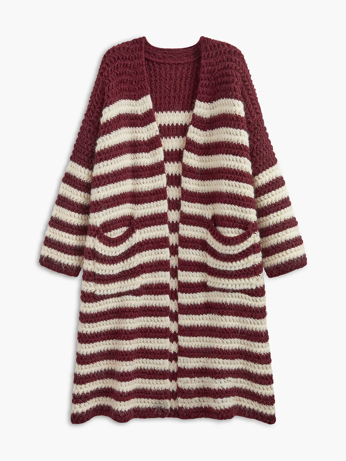 Two-Tone Striped Pockets Long Cardigan