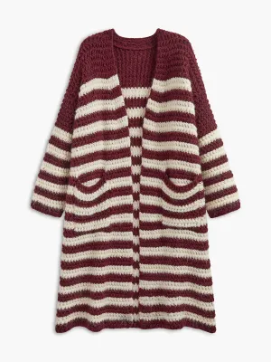 Two-Tone Striped Pockets Long Cardigan