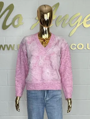 V Neck Soft Knit Beaded Pearl Flower Jumper (3 Colours)