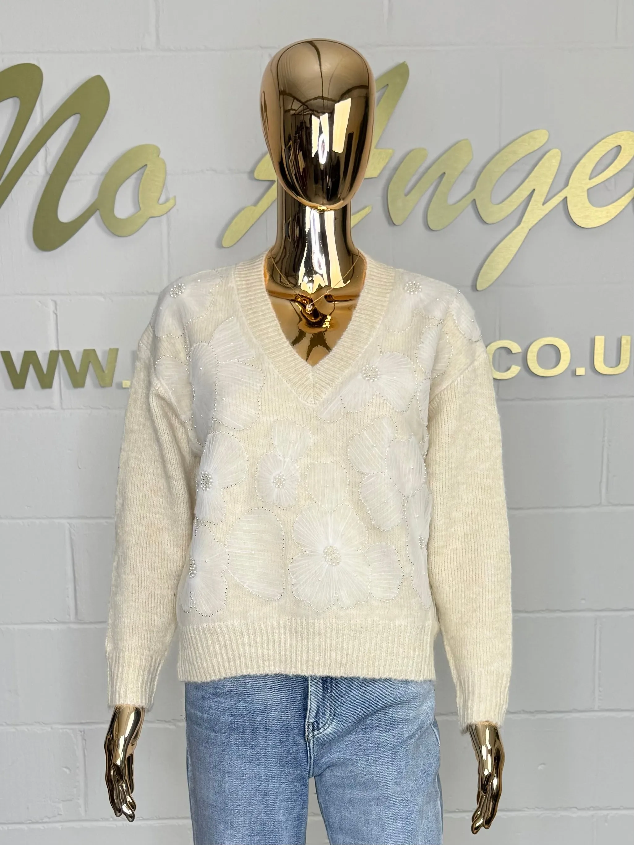 V Neck Soft Knit Beaded Pearl Flower Jumper (3 Colours)