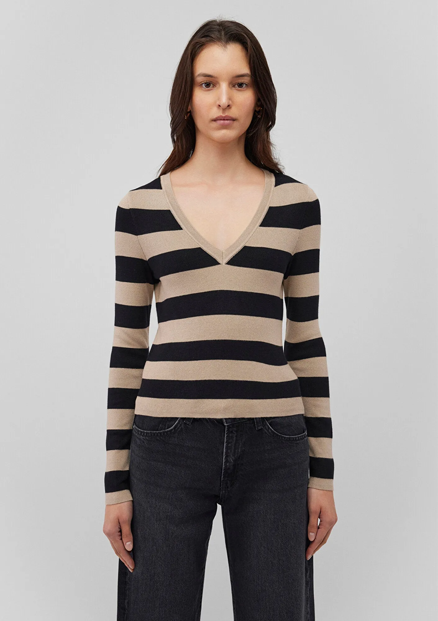 V Neck Striped White Sweater