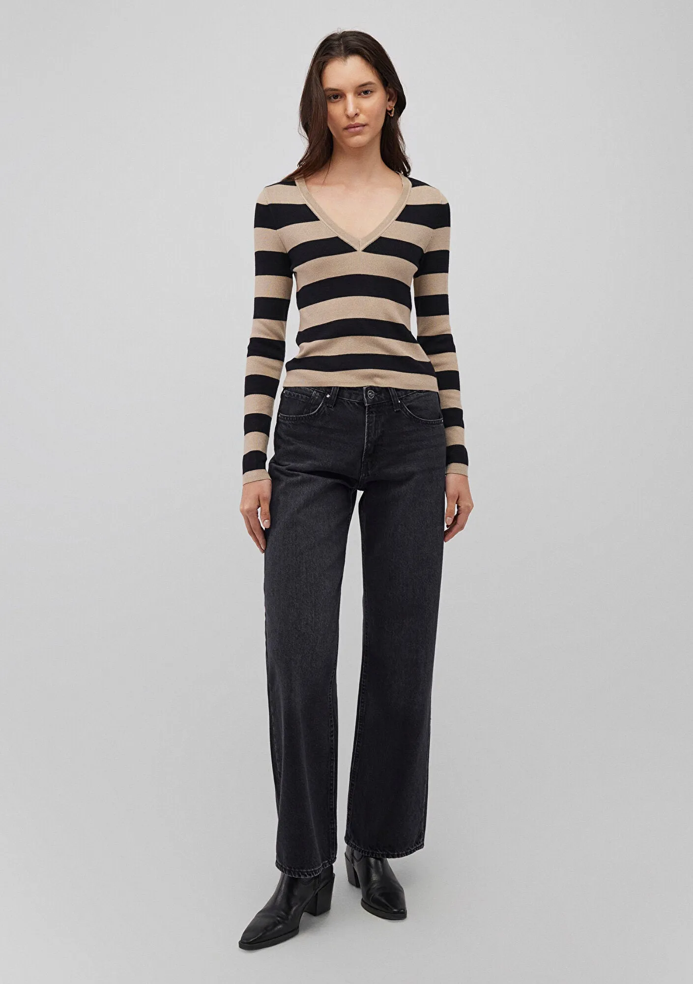 V Neck Striped White Sweater