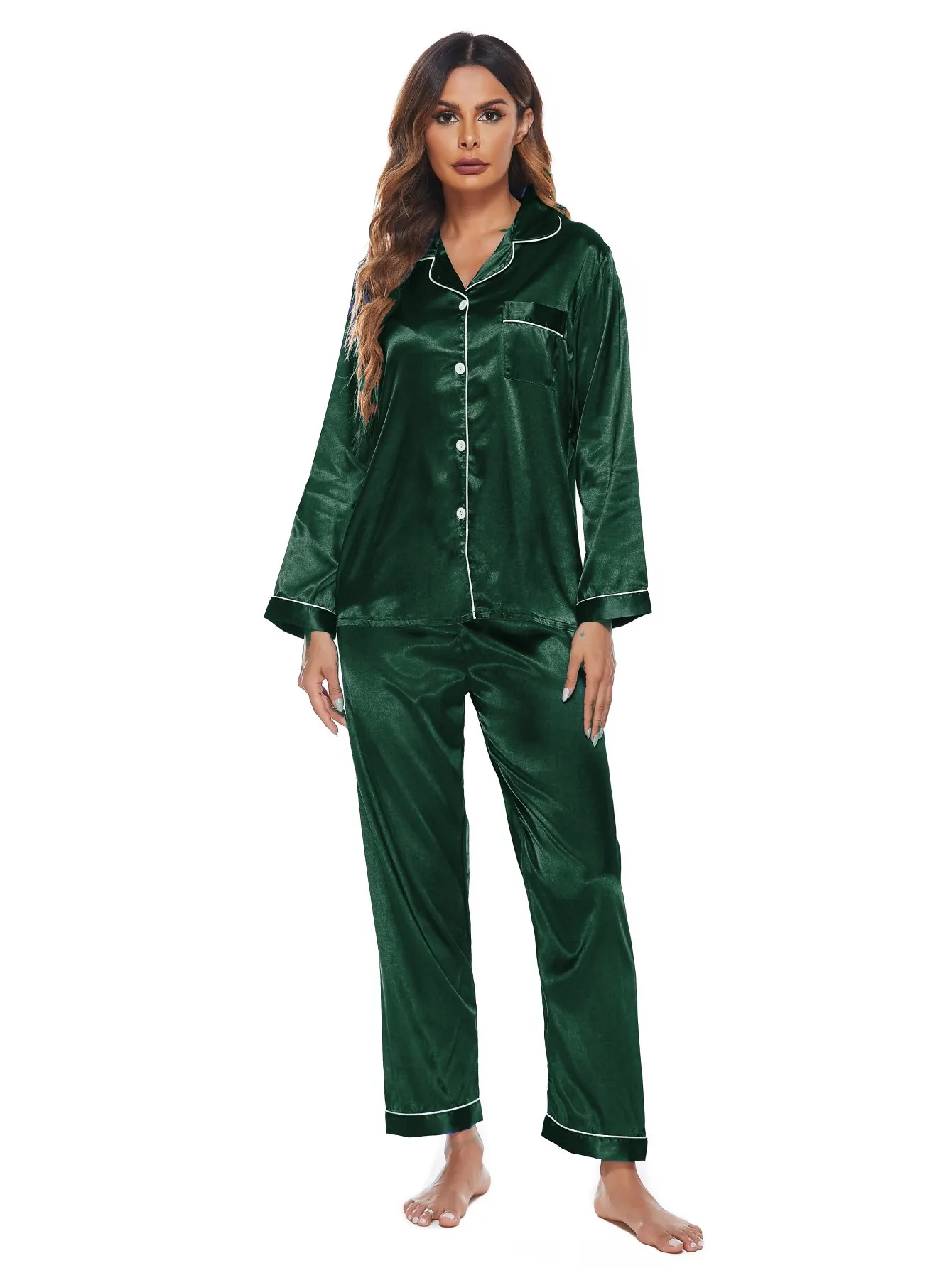 Velora Satin Long Sleeve Button-Up Loungewear Set