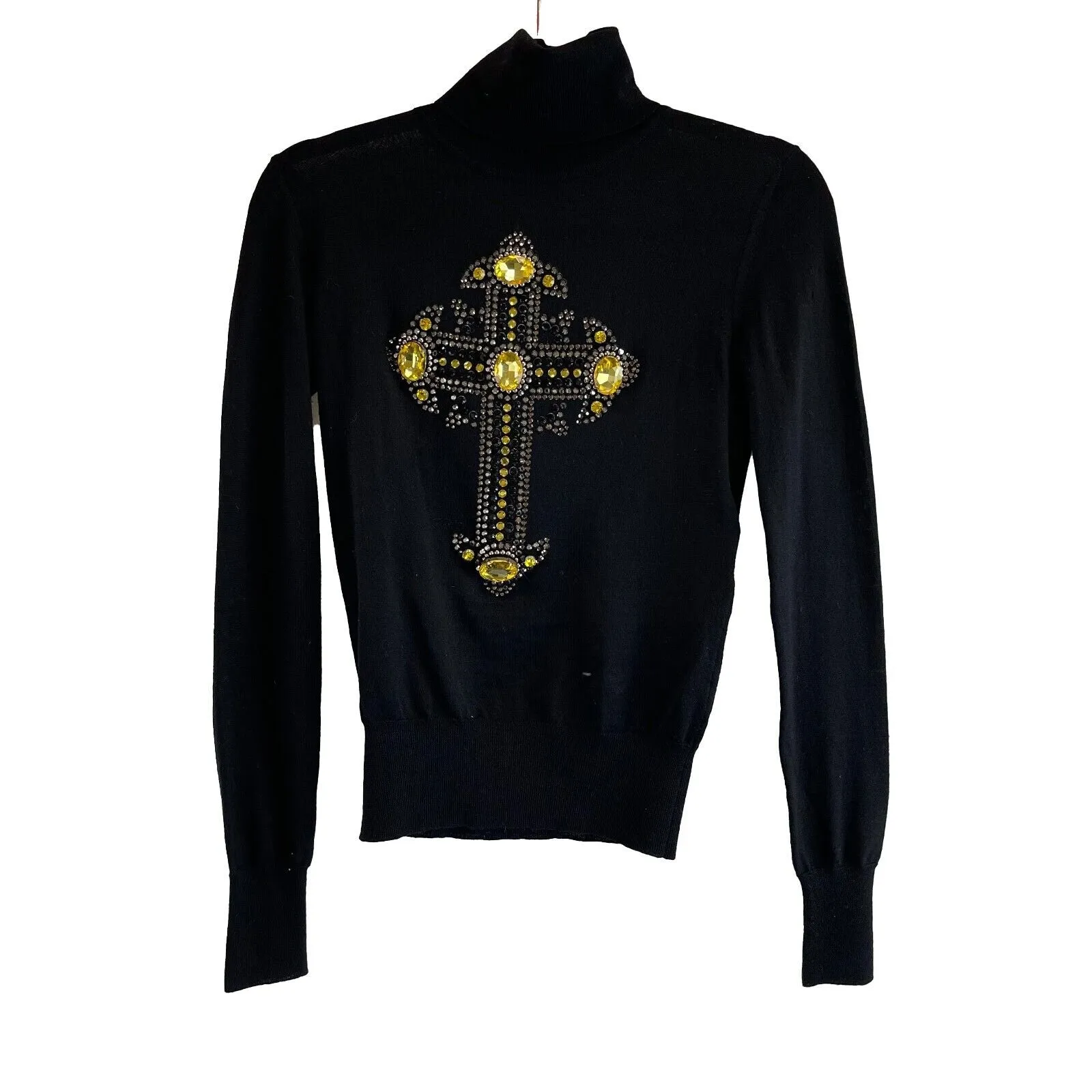 Versace Studded Crystal Gothic Cross Turtleneck Black Top 38 US 2 NEW