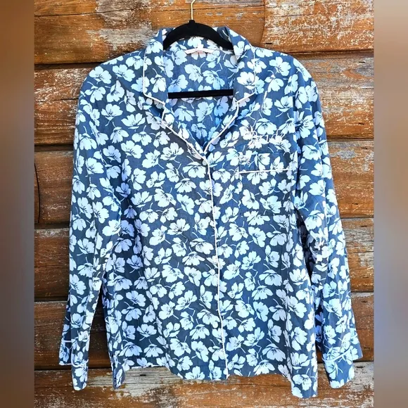 Victoria's Secret Bride Gray/Blue &amp; White Floral Button up Pajama Top Pink Trim