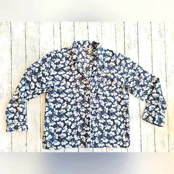 Victoria's Secret Bride Gray/Blue &amp; White Floral Button up Pajama Top Pink Trim