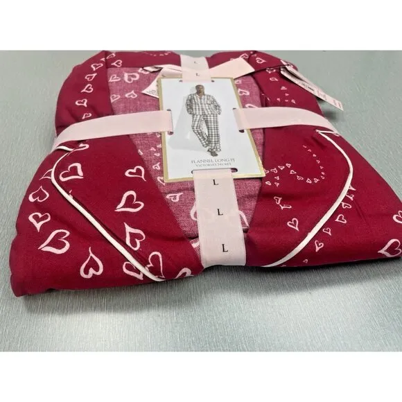 VICTORIA'S SECRET Pajama Women Large 2 Piece Flannel Short PJ Set Red Hearts New