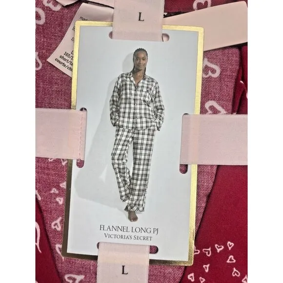 VICTORIA'S SECRET Pajama Women Large 2 Piece Flannel Short PJ Set Red Hearts New
