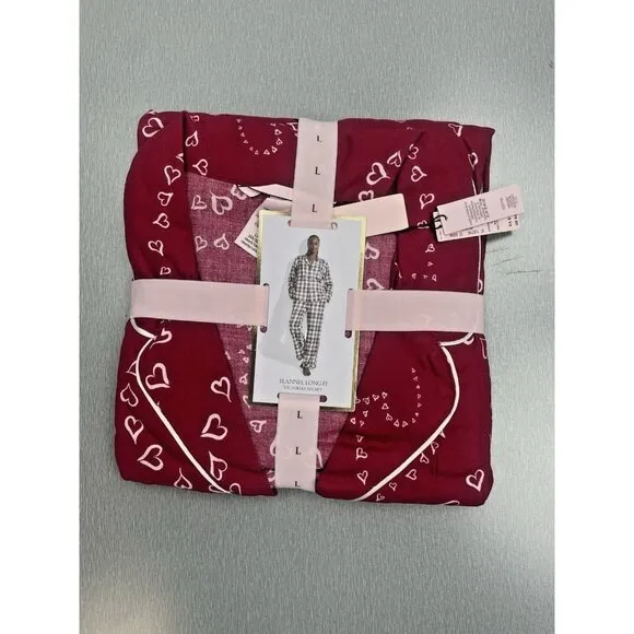 VICTORIA'S SECRET Pajama Women Large 2 Piece Flannel Short PJ Set Red Hearts New