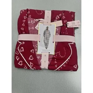 VICTORIA'S SECRET Pajama Women Large 2 Piece Flannel Short PJ Set Red Hearts New