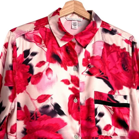 Victoria's Secret Satin Rose Print Two Piece Pajama Set Women's Size M