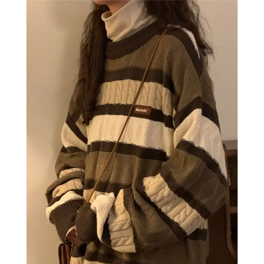 Vintage Brown Striped Sweater Full Zip Y2K Style for Women