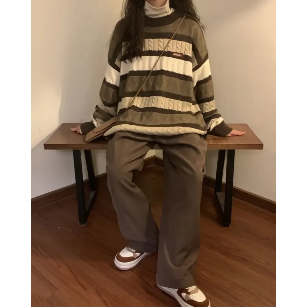 Vintage Brown Striped Sweater Full Zip Y2K Style for Women