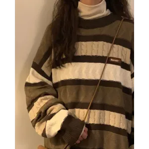 Vintage Brown Striped Sweater Full Zip Y2K Style for Women