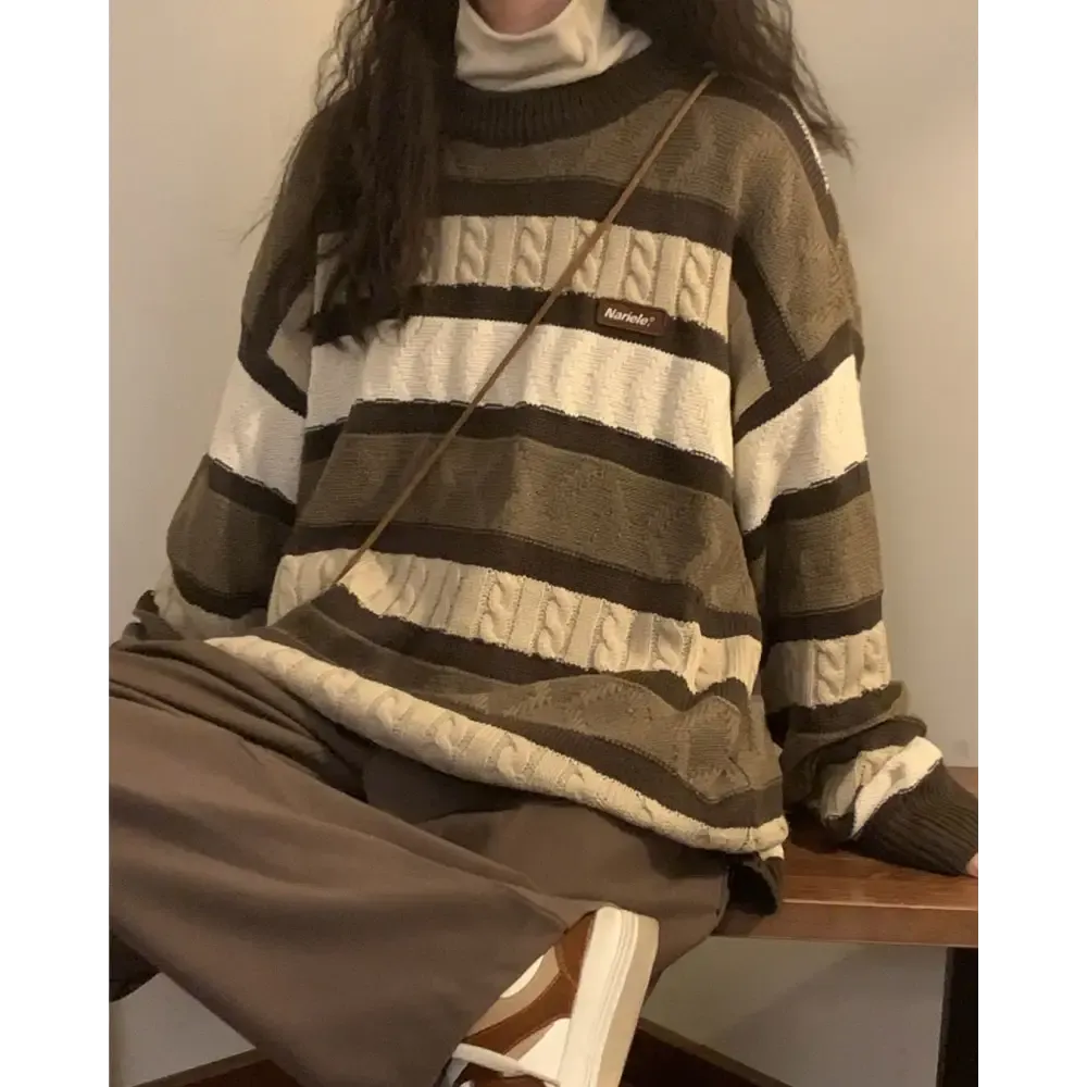 Vintage Brown Striped Sweater Full Zip Y2K Style for Women