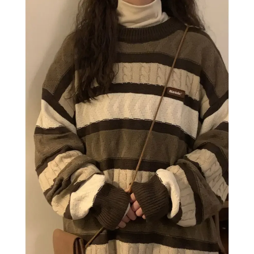 Vintage Brown Striped Sweater Full Zip Y2K Style for Women