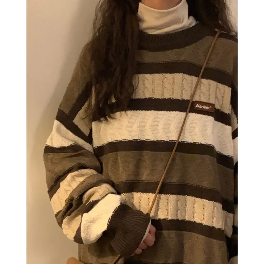 Vintage Brown Striped Sweater Full Zip Y2K Style for Women