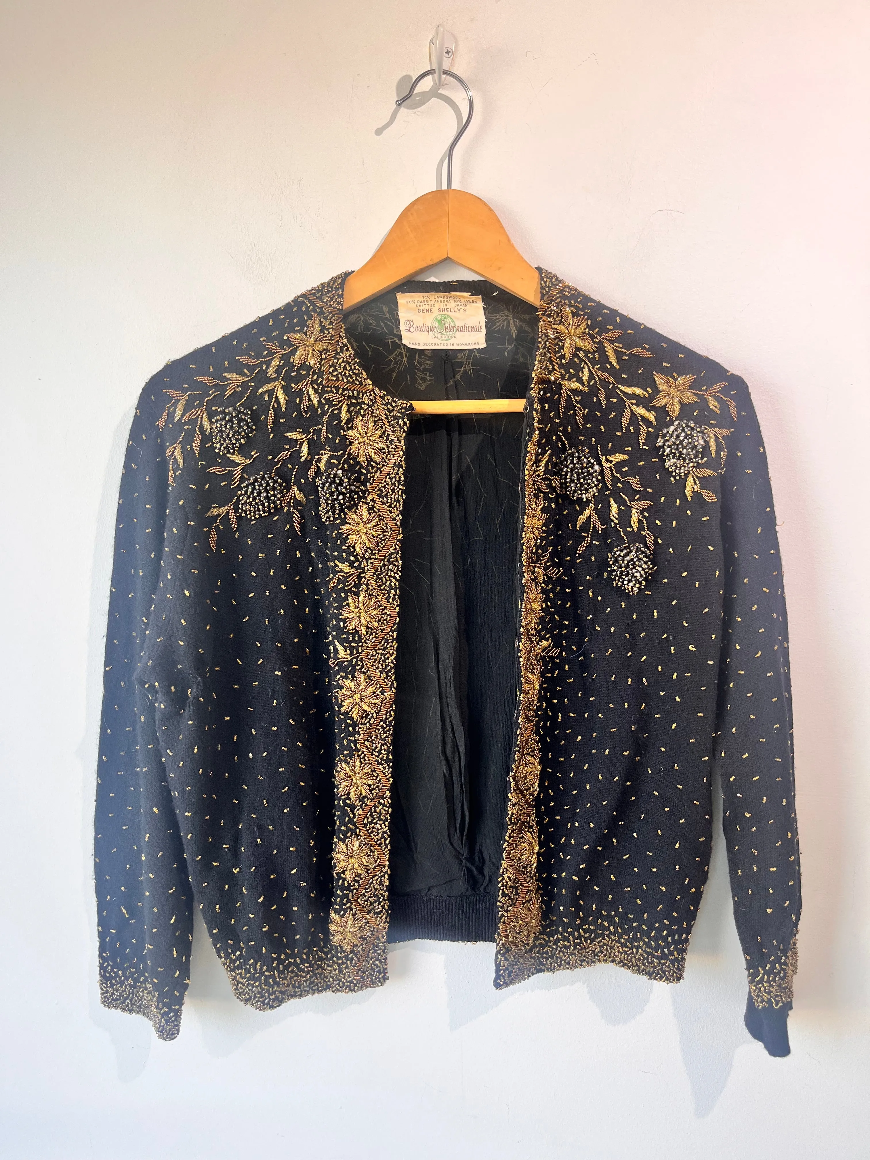 Vintage Gene Shelly's Boutique Internationale Black and Gold Beaded Cardigan