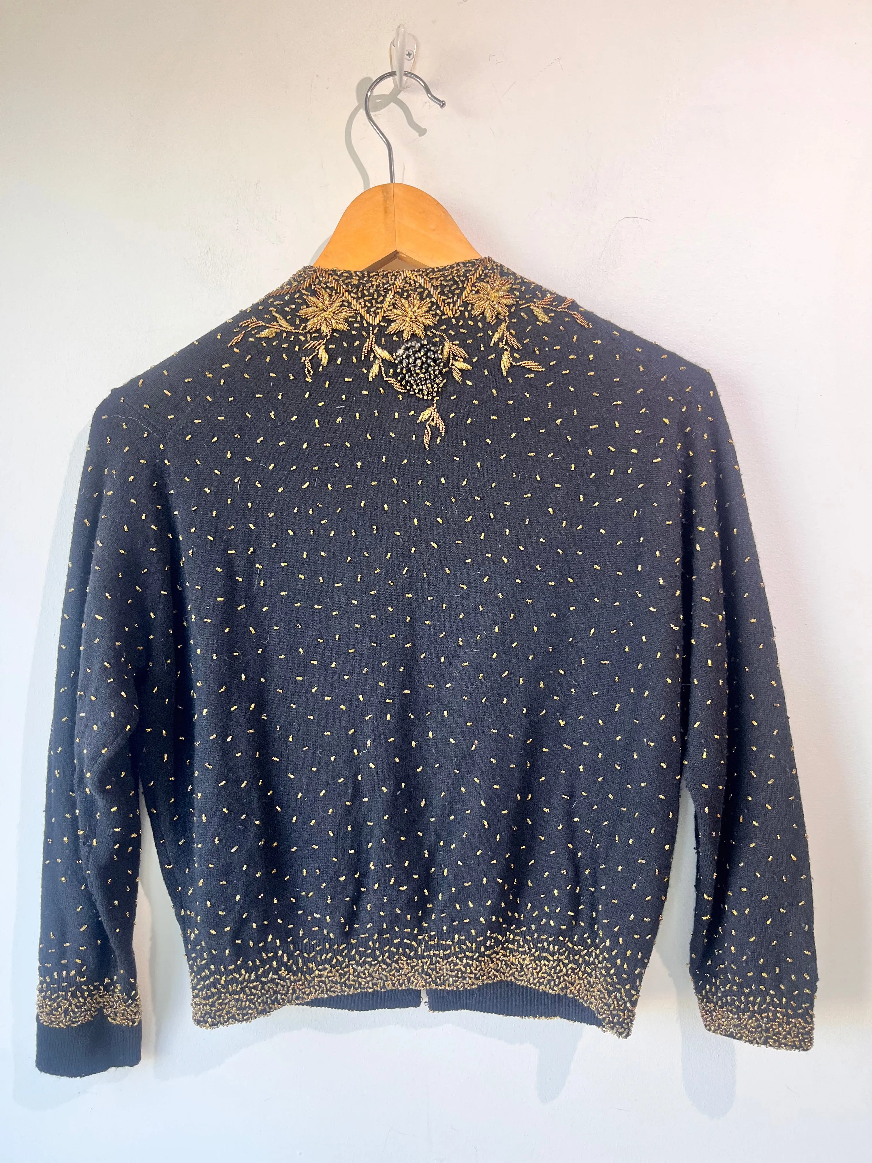 Vintage Gene Shelly's Boutique Internationale Black and Gold Beaded Cardigan
