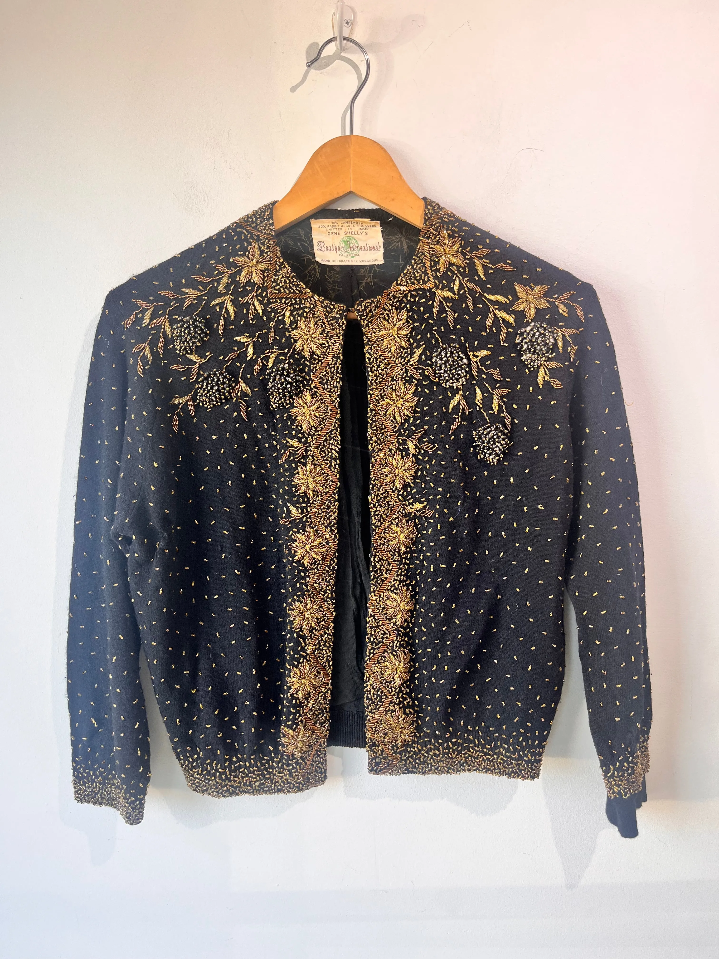 Vintage Gene Shelly's Boutique Internationale Black and Gold Beaded Cardigan