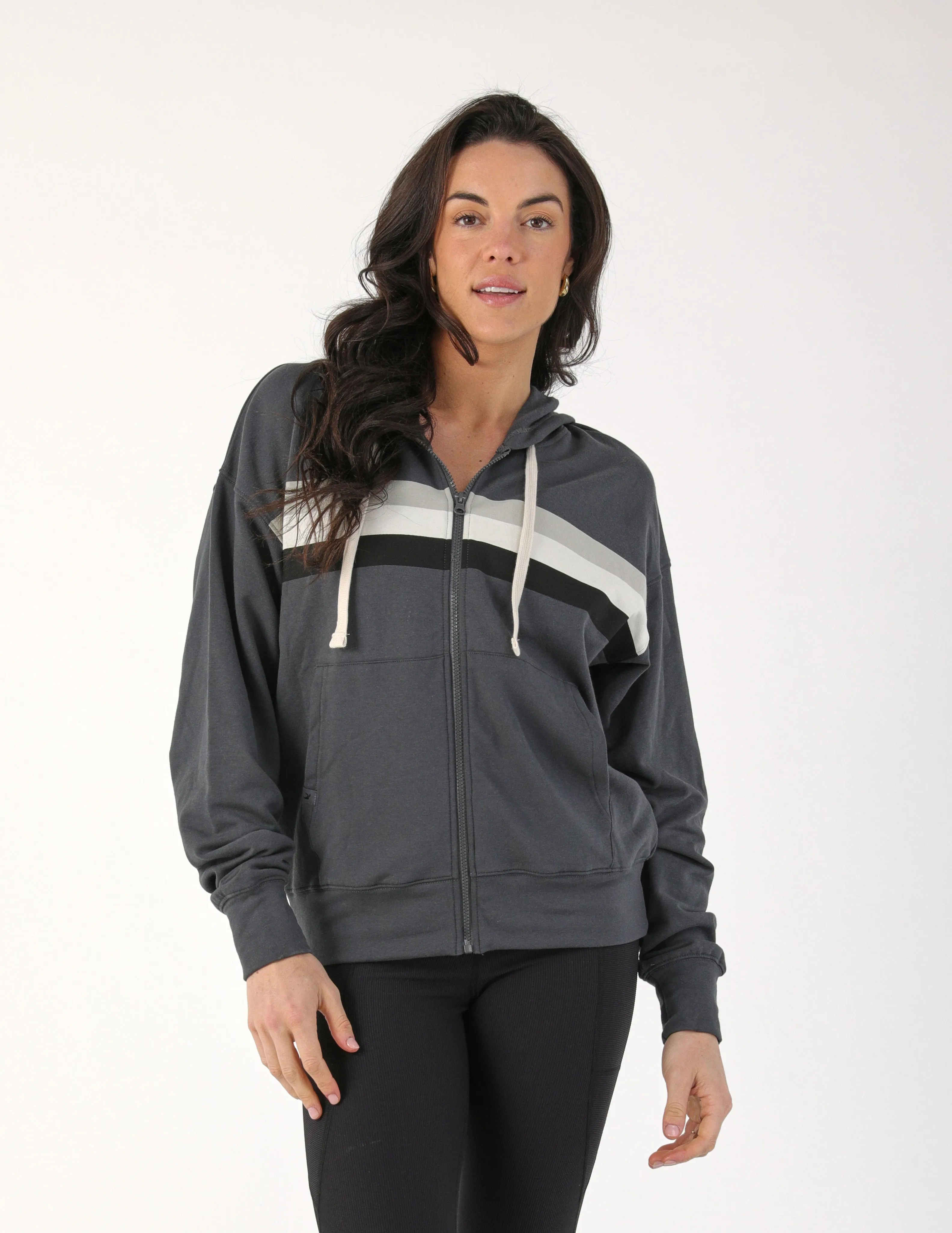 Vintage Oversized Zip Up: Carbon with Black/White/Ash Grey Stripes
