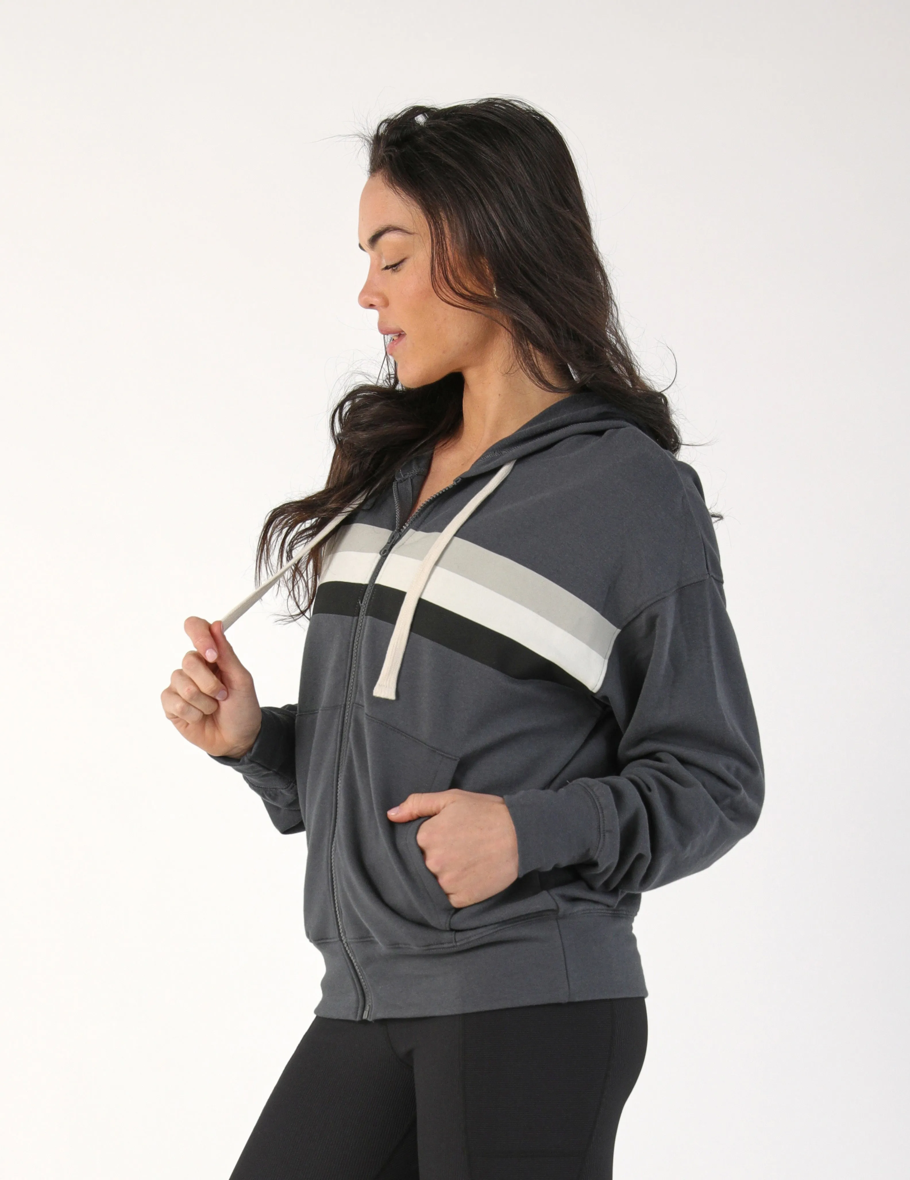 Vintage Oversized Zip Up: Carbon with Black/White/Ash Grey Stripes