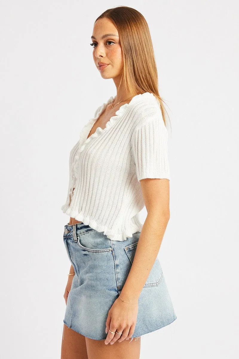 White Crochet Cardigan Short Sleeve Tie Up