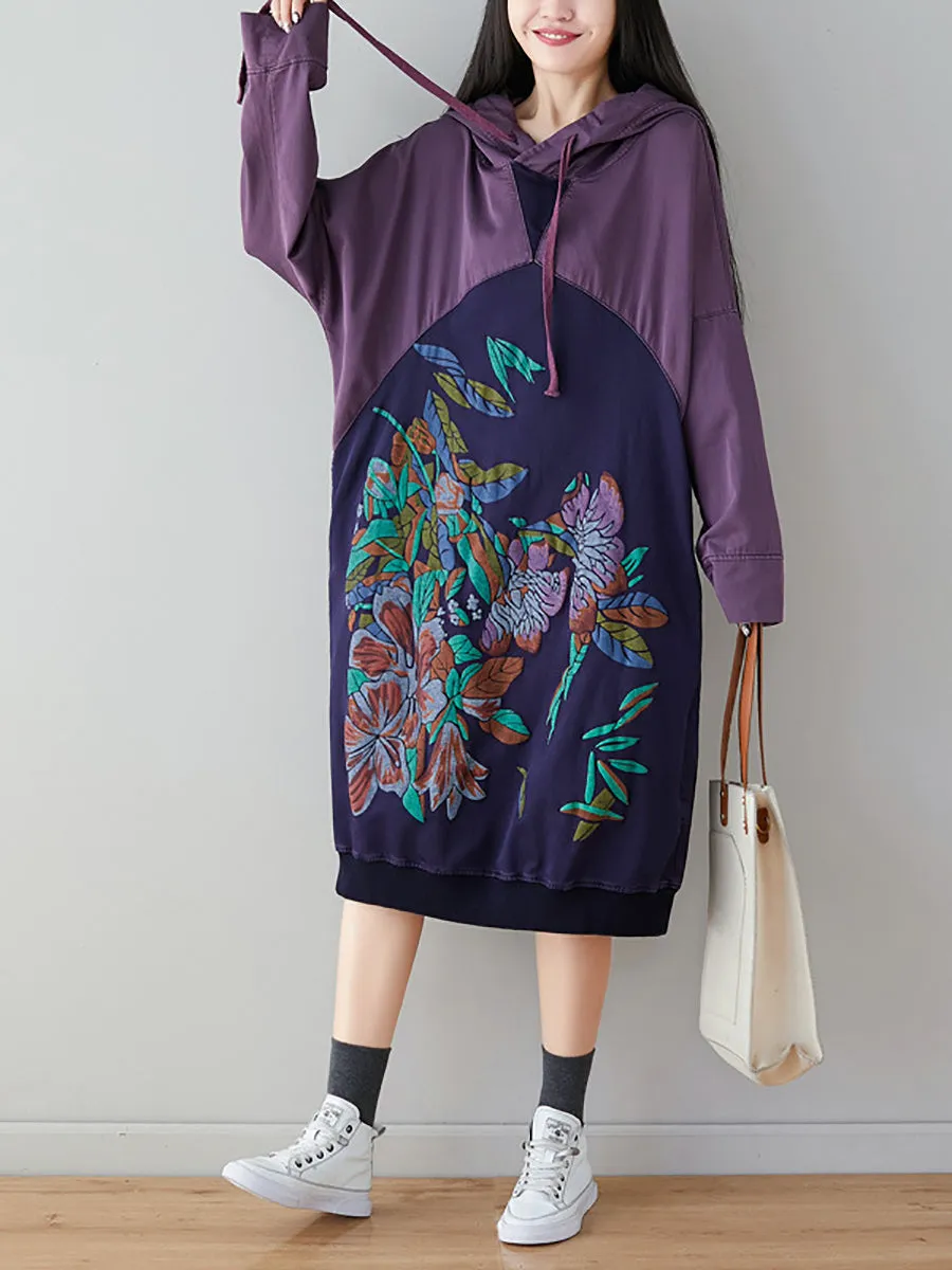 Women Retro Flower Print Colorblock Hooded Sweatshirt