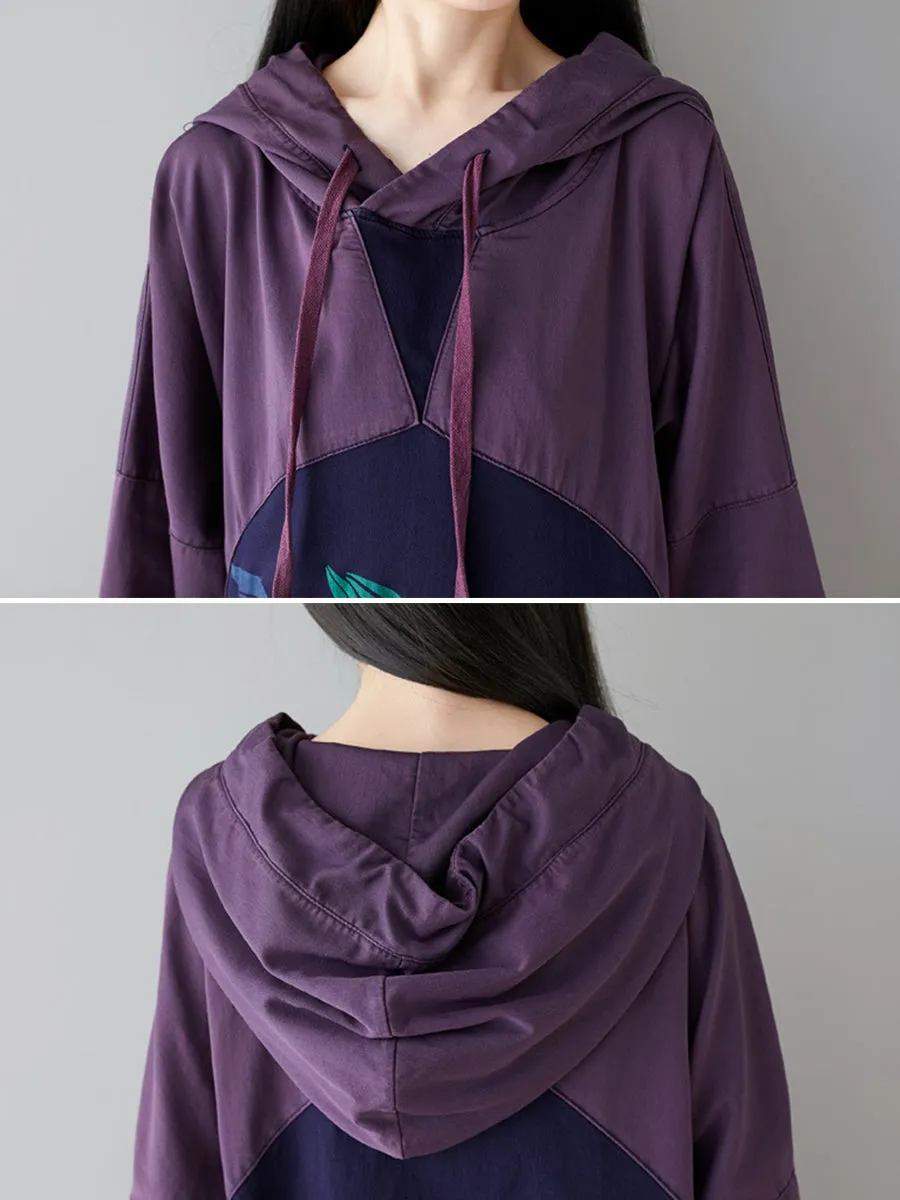 Women Retro Flower Print Colorblock Hooded Sweatshirt