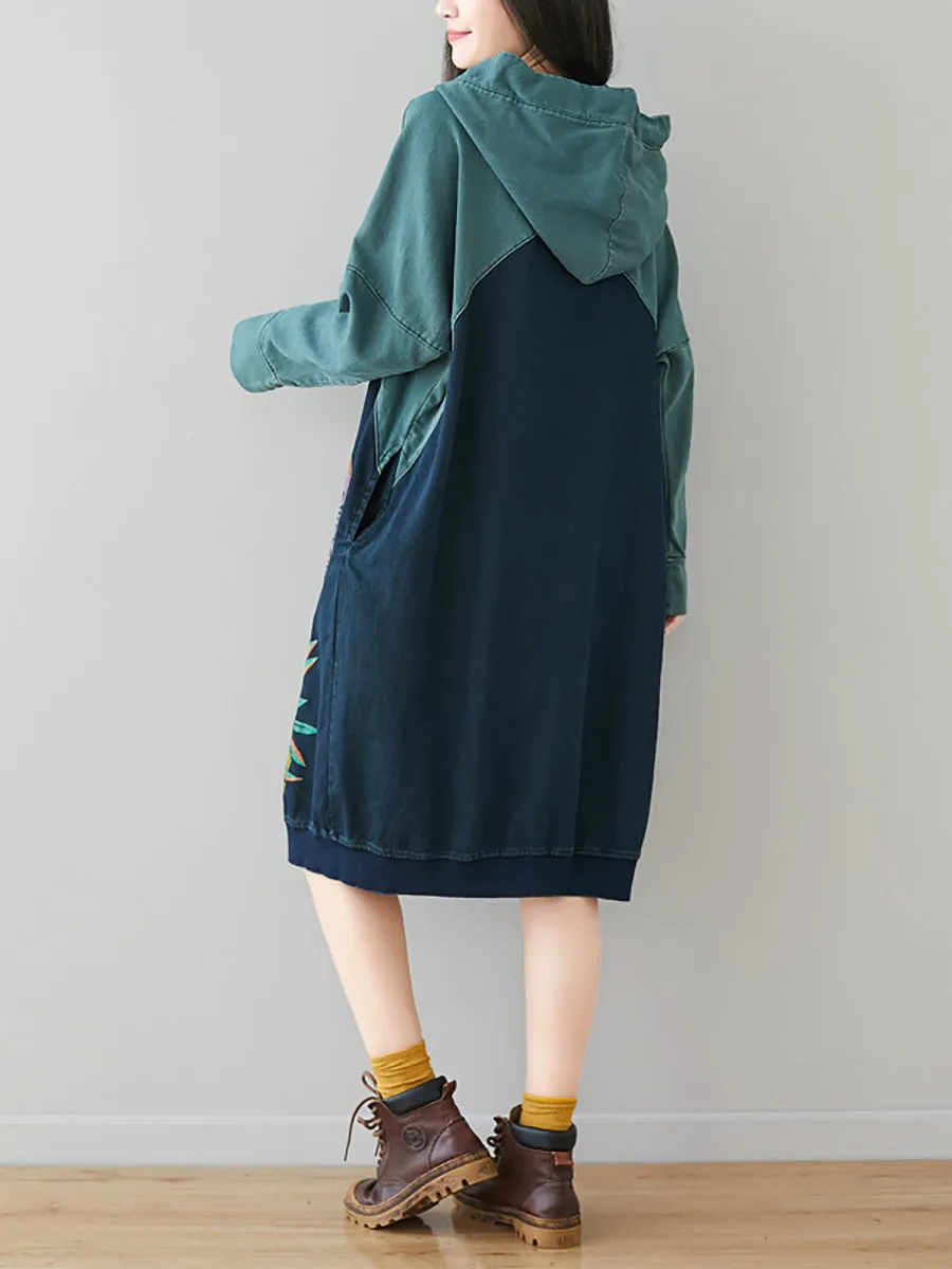 Women Retro Flower Print Colorblock Hooded Sweatshirt