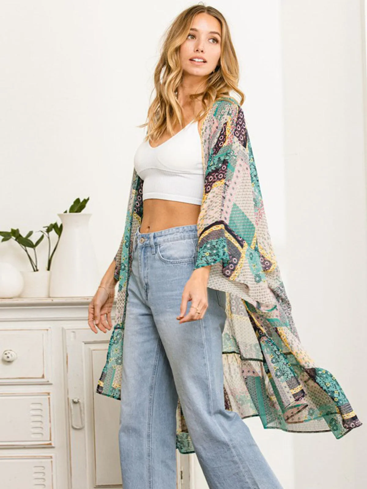 WOMEN'S 3/4 SLEEVE MULTI PRINT SHIMMER CARDIGAN
