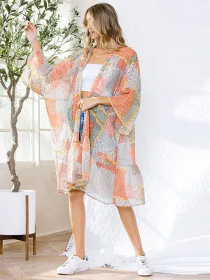 WOMEN'S 3/4 SLEEVE MULTI PRINT SHIMMER CARDIGAN