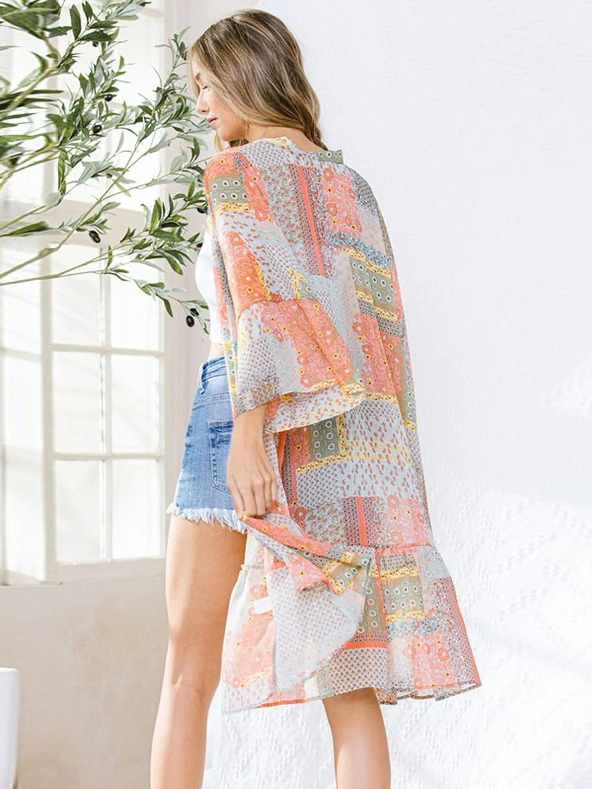 WOMEN'S 3/4 SLEEVE MULTI PRINT SHIMMER CARDIGAN