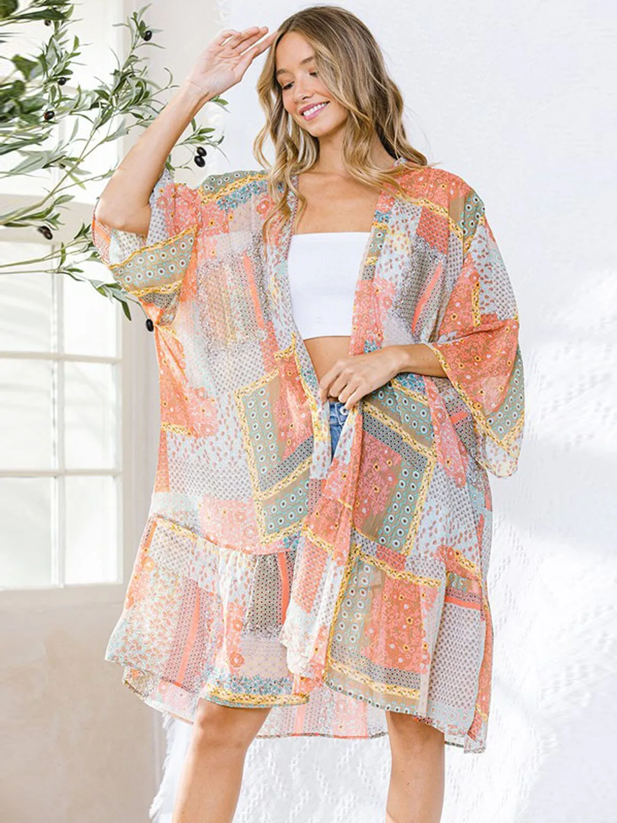 WOMEN'S 3/4 SLEEVE MULTI PRINT SHIMMER CARDIGAN